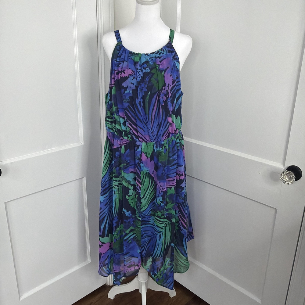 Lane Bryant Dress Womens 14 16 Blue Tropical Watercolor‎ Fairy Watercolor Midi